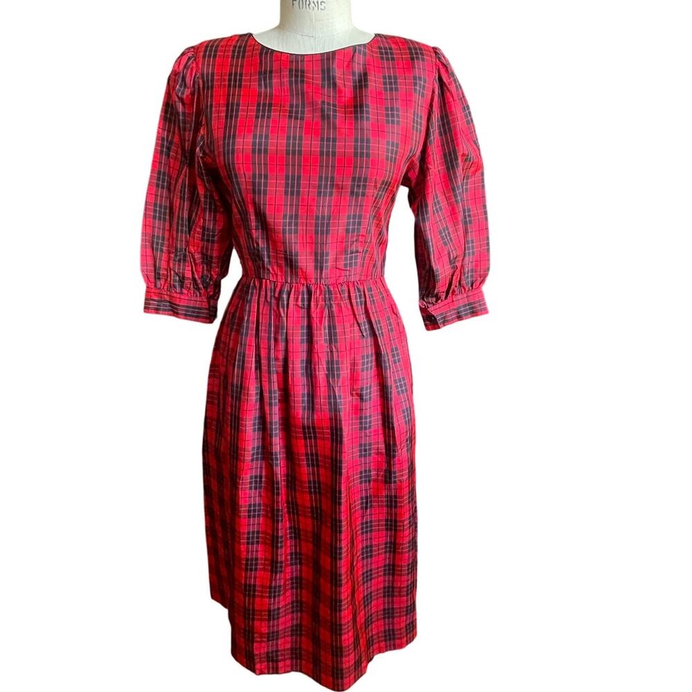 Vintage Lanz Originals Red Tartan Plaid Taffeta Party Dress Size 8